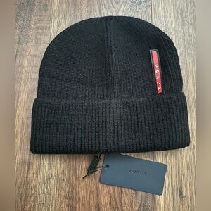 NEW Prada Black Ribbed Beanie with Red Logo